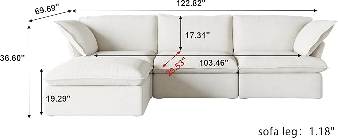 WJShome 165.2" Cloud Modular Sectional Sofa, Modern Comfy Couch Filled with Down, Minimalist Wide Deep Seat Couches for Living Room Apartment Lounge Bedroom (White, 3 Seater+1 Ottoman)