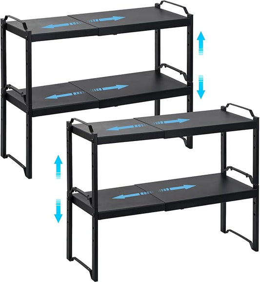 4 Pack Kitchen Cabinet Shelves Organizers, Kitchen Counter Storage Shelf Spice Rack, Expandable Length, Adjustable Height, Stackable, Sturdy 30LBS Bearing, Small Cupboard Tabletop Organizer Shelf Rack