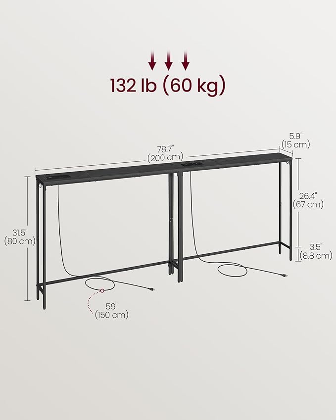 VASAGLE Set of 2 Console Tables with Power Outlets, Slim Behind Couch Sofa Tables, 5.9 x 39.4 x 31.5 Inches, 2 Hooks, Easy Assembly, for Entryway, Living Room, Ebony Black and Ink Black ULNT078B01