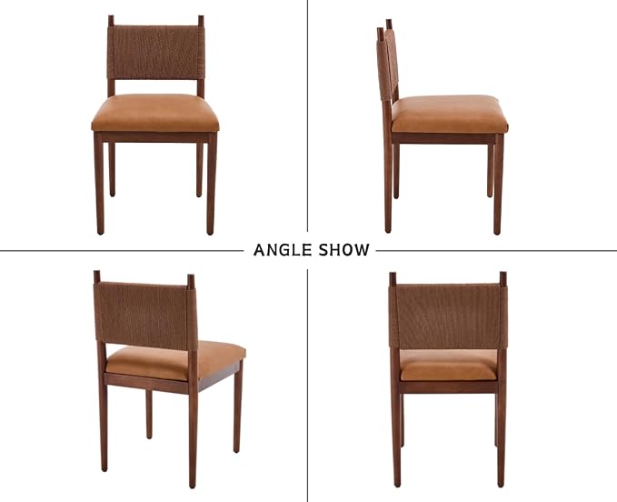 CIMOTA Brown Faux Leather Dining Chairs Set of 6, Mid Century Modern Upholstered Dining Room Chairs with Woven Back, Armless Kitchen Chairs with Walnut Solid Wood Legs, PU