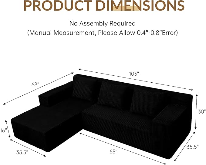 ANONER 103" L-Shaped Cloud Couch with Chaise, Modular Sectional Corner Sofa with Deep Seat, Modern Minimalist Boneless Couch, Free Combination Couches for Apartment (Black)