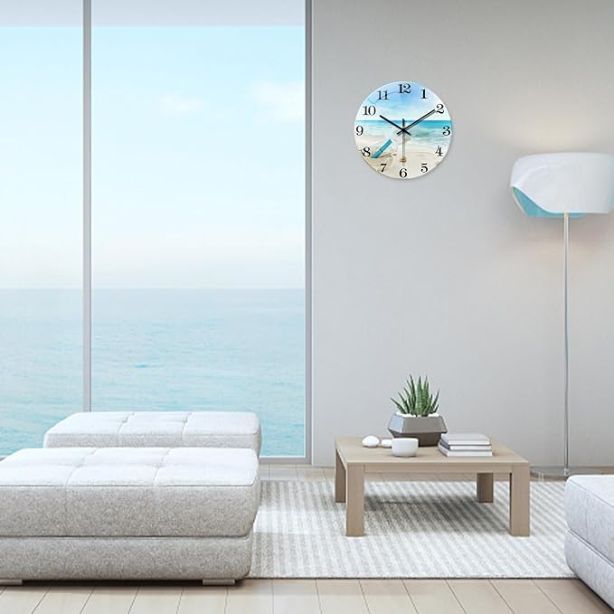 XNM Coastal Blue Clock for Kitchen 14 Inch Glass Analog Wall Clocks Battery Operated Round Silent Wall Clock Non Ticking
