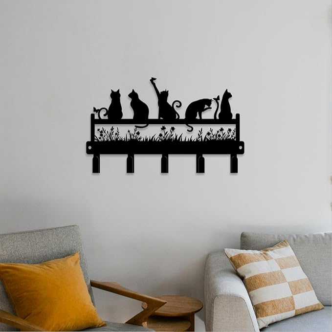 magilab Cat-Themed 10-Inch Iron Key Hooks with 5 Hooks, Black Wall Organizer - Cute Cat Design for Home Decor, No Drill & Screw-in Options (Style I)