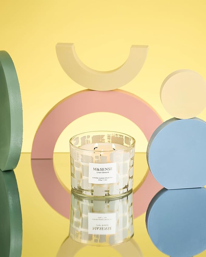 M&SENSE Linen Breeze, 3 Wick Scented Candle,11.6oz Natural Soy Wax Non Toxic for Home, Up to 60 Hours Burn time, Jar Candle Long Lasting,Fall Decorations for Home