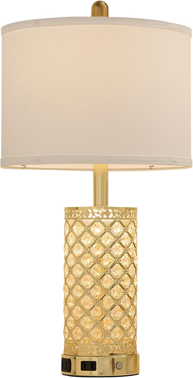 Crystal Table Lamps Modern 3-Way Dimmable Bedside Lamp with 2 USB Ports & AC Outlets for Living Room Bedroom Nightstand Lamp Night Light (Gold- 1 Pack 24In)