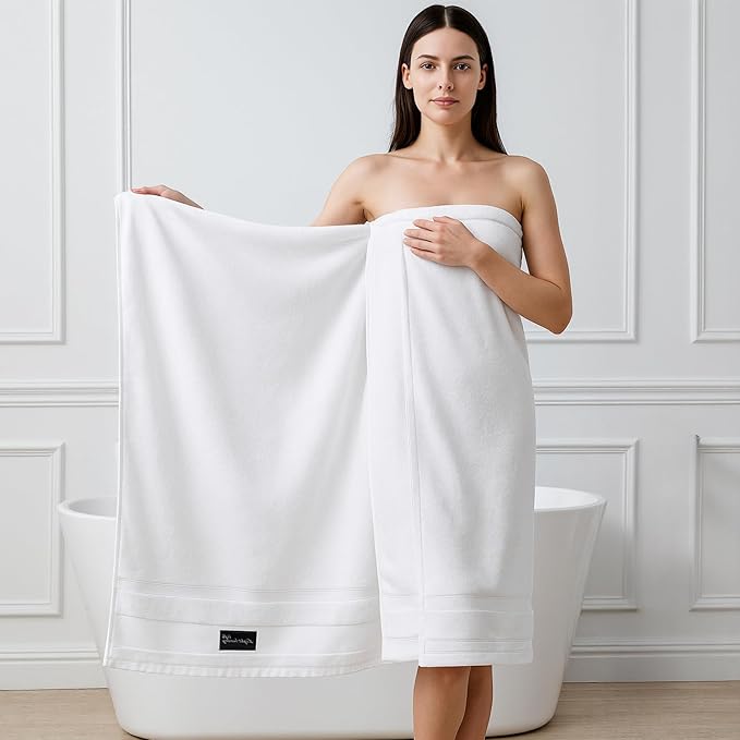 REDKISS Large Bath Towels Set 2 Piece, 100% Cotton, 31x63 in,Heavyweight 760G, Highly Absorbent & Quick Dry, Super Soft Luxury Shower Towels for Bathroom,Hotel Collection - White