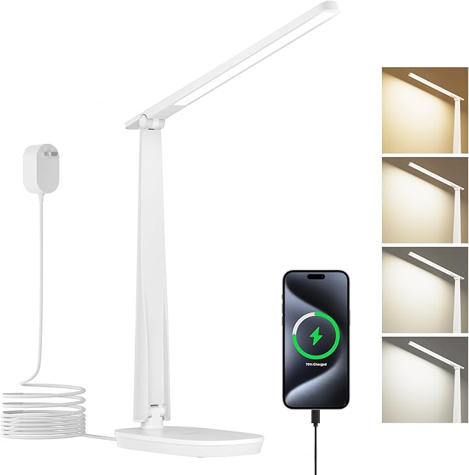 Honeywell LED Desk Lamp for Home Office, Eye-Caring Light with 4 Color Modes & Touch Control, USB A+C Charging Ports, Adjustable Rotating Head with Timer for Reading, Bedroom & Small Desks