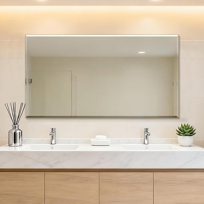 Ruomeng Frameless Mirror for Wall, 55x30 Inch Bathroom Vanity Mirror Farmhouse, Large Rectangle Mirror with Beveled Edge, Tempered Glass, Hangs Horizontally or Vertically