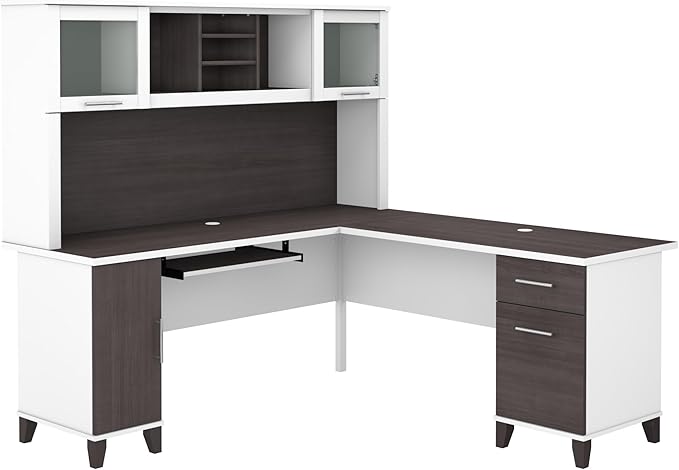 Bush Furniture Somerset L Shaped Desk with Hutch in White & Storm Gray | Corner Computer Table with Drawers, Cabinets and Pullout Keyboard/Laptop Tray for Home Office