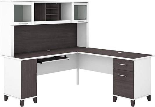 Bush Furniture Somerset L Shaped Desk with Hutch in White & Storm Gray | Corner Computer Table with Drawers, Cabinets and Pullout Keyboard/Laptop Tray for Home Office