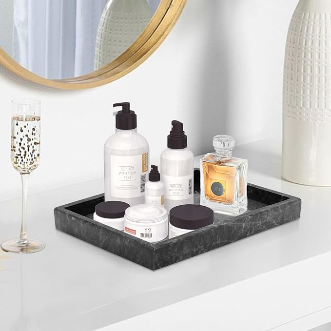 Marble Bathroom Tray,Pure Natural Vanity Tray,Marble Trays for Kitchen Counter Non-Ceramic/Non-Resin,Stone Tray 12 x 8 inch (Black) ﻿