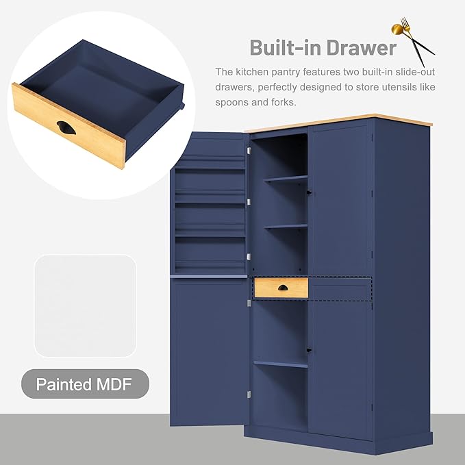 Merax 71.3" Tall Kitchen Storage Cabinet Pantry Farmhouse Freestanding Large Cupboard with 2 Drawers,2 Adjustable Shelves,for Dining Room