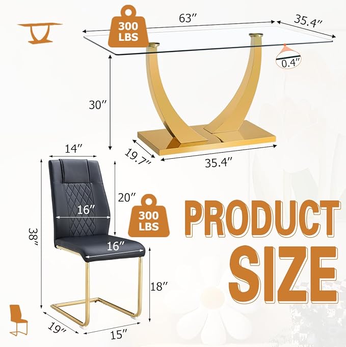 AZmac 63" Glass Dining Table Set for 4,Luxury Gold Dining Room Set with Stainless Steel Pedestal, Rectangular Tempered Glass Kitchen Table with PU Leather Chairs, for Kitchen Apartment