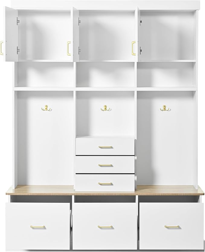 Merax 5-in-1 Hall Tree with Bench and Storage, Modern with Coat Rack, 6 Drawers, 3 Cabinets and 3-Tier Top Storage for Hallway, Entryway, Living Room, White