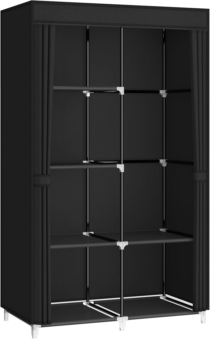 35 Inch Portable Closet for Small Room, Clothing Organizer Storage Rack with Non-Woven Fabric Cover, 1 Clothes Hanging Rod, 6 Storage Shelves, Black