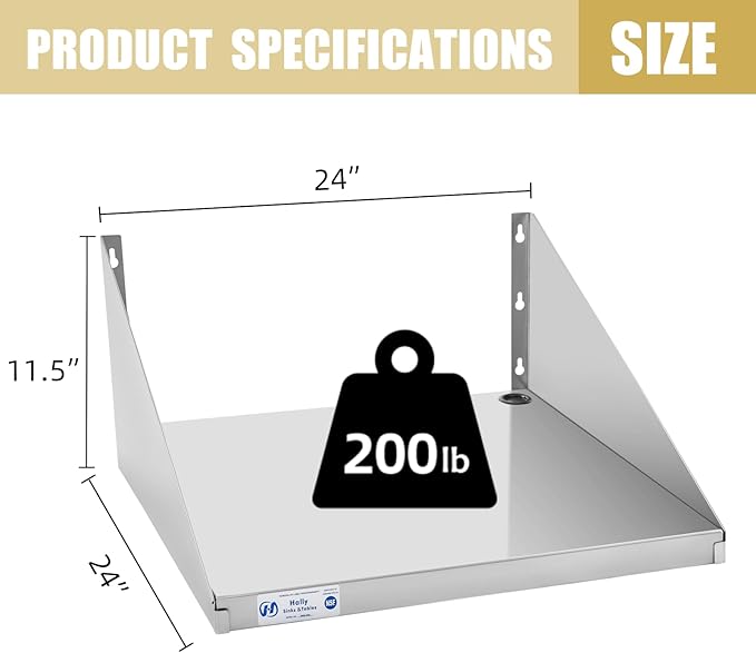 Hally Stainless Steel Microwave Shelf 24"x24" 200 lb, NSF Commercial Heavy Duty Metal Appliance Wall Mount Floating Shelving for Restaurant, Kitchen, Bar, Home and Hotel
