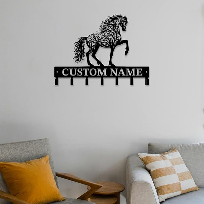 Personalized Custom Name Farm Horse Wall Key Hooks,Metal Horse Art Clothes Hooks,Metal Horse Wall Home Storage Decorative,For Front Door, Hallway, Kitchen, Bedroom,Keys,Hats (Style F)