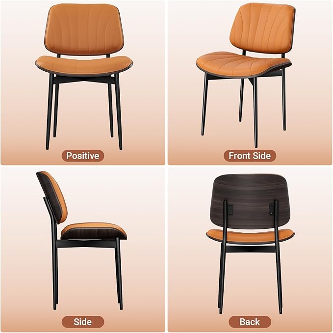 Dining Chairs Set of 4, Mid Century Modern Dining Room and Kitchen Chairs, Upholstered PU Leather Chairs with Walnut Bentwood and Metal Legs, Orange
