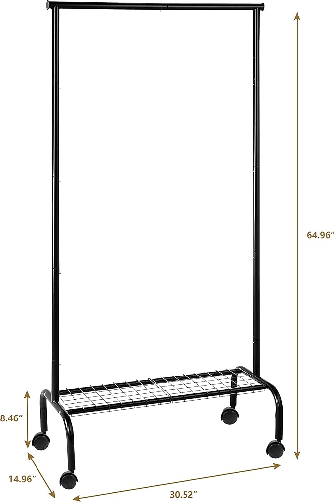 SunnyPoint Rolling Garment Rack with Shelf – Heavy-Duty Metal Clothing Rack on Wheels, 64.9” Tall Clothes Organizer with Bottom Storage, Black