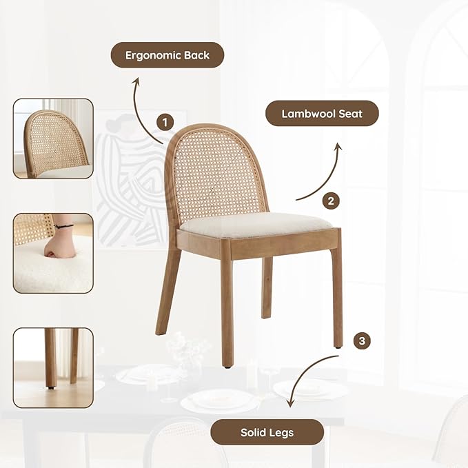 HEAH-YO Rattan Dining Chairs Set of 4, Upholstered Sherpa Dining Room Chairs with Backrests, Modern Kitchen Chairs with Wood Legs for Dining Room, White