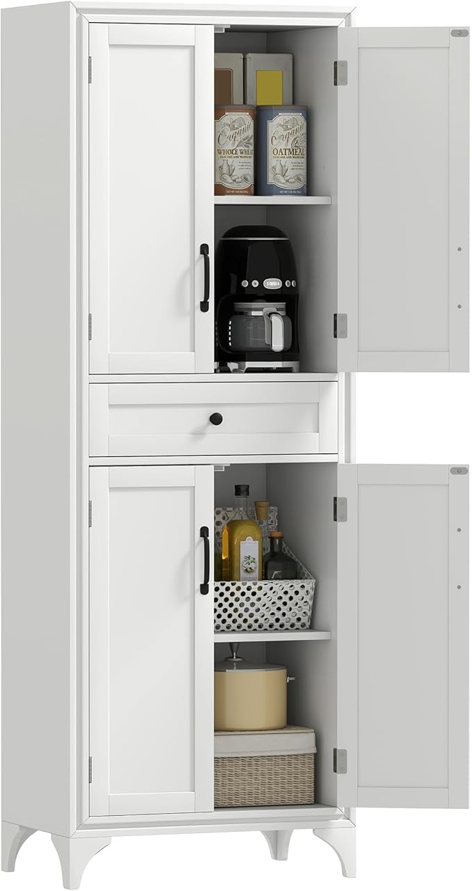 HOMCOM 67" Tall Freestanding Kitchen Pantry Cabinet, 4-Door Storage Cabinet with Drawer and Adjustable Shelves for Dining Room, White