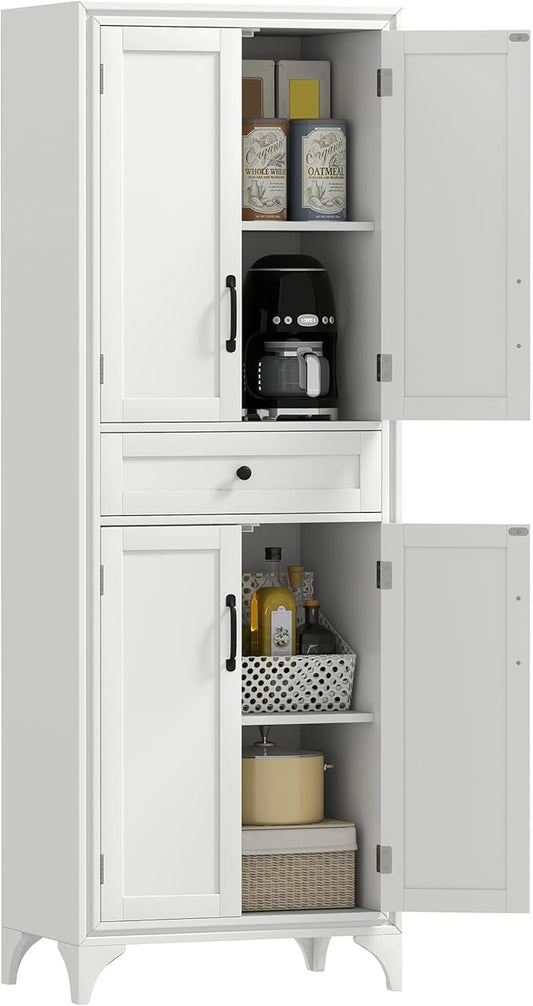 HOMCOM 67" Tall Freestanding Kitchen Pantry Cabinet, 4-Door Storage Cabinet with Drawer and Adjustable Shelves for Dining Room, White