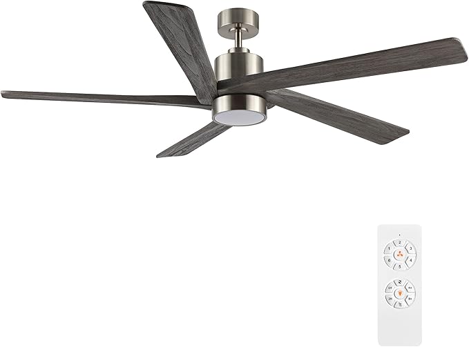 WINGBO 64 Inch DC Ceiling Fan with Lights and Remote Control, 5 Reversible Carved Wood Blades, 6-Speed Noiseless DC Motor, Modern Ceiling Fan in Brushed Nickel Finish with Gray Blades, ETL Listed