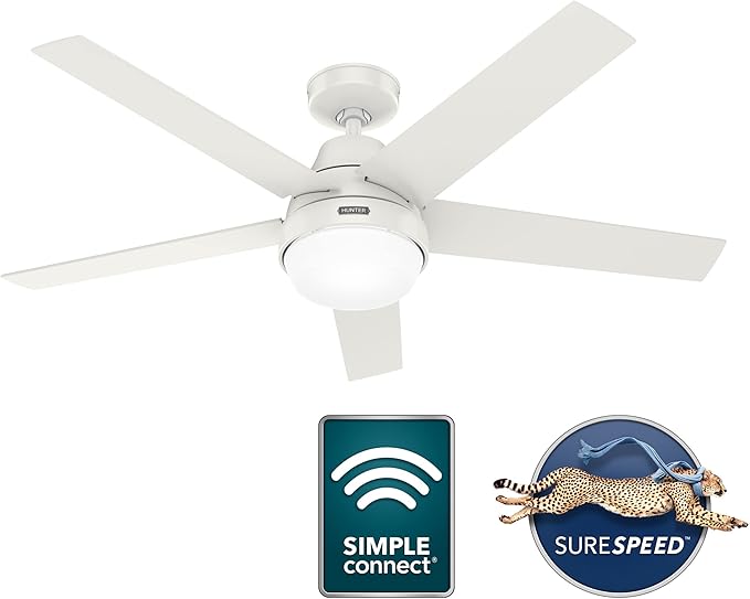 Hunter 52 inch Indoor Ceiling Fan with LED Light and Remote Control - White Modern Smart Ceiling Fan, Standard Mount, 5 Blades, For Bedroom, Living Room, or Kitchen, Quiet- Aerodyne 51336, Fresh White