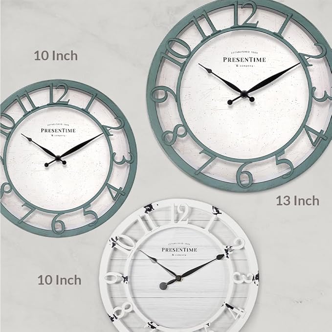 Presentime & Co 13" Farmhouse Series Wall Clock, Shiplap Style, Silent No Ticking, Coastal Clock, Raised 3D Arabic Numeral, Aged Teal Finish
