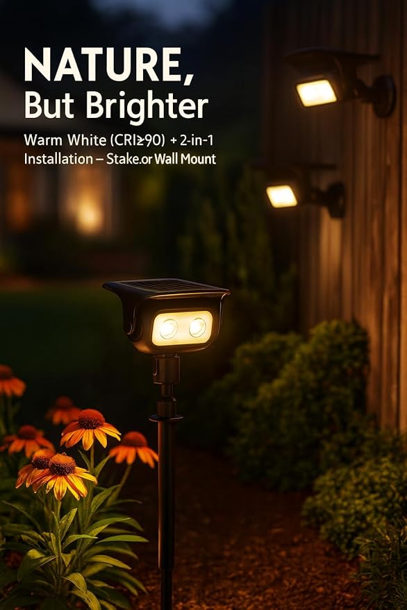 Solar Spotlight Outdoor, Warm White Stake Landscape Light with Dual Brightness, Fast-Charge HPBC Solar Panel, LiFePO4 Battery, IP67 Waterproof 2-in-1 Yard, Garden, Pathway Light