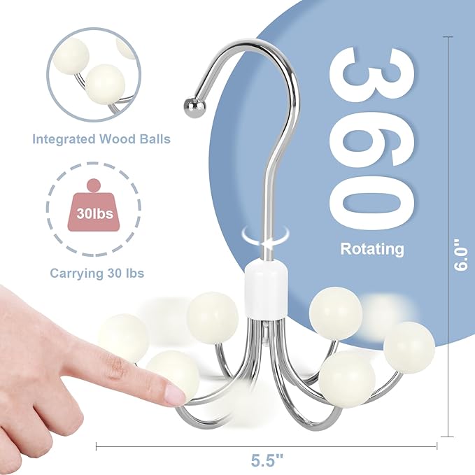 TOPIA HANGER Hoodie Hangers 4-Pack with 6 Wood Balls, 360°Swivel Purse Hanger, Scarf Hanger, Closet Hooks, Handbag Organizer, Bra Hanger, Accessory Organizers for Scarf, Tanktop, Hat, Hoodie CT57W