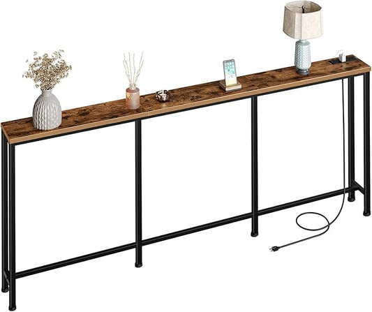 78.7'' Narrow Console Table with Power Outlet 7.1" Skinny Sofa Table, Long Behind Couch Table with Charging Station, Entryway Table for Hallway, Living Room Rustic Brown and Black TXG20UBF
