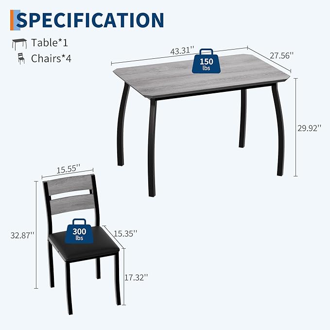 GAOMON 5 Piece Dining Table Set for 4, Space-Saving Kitchen Table with Upholstered Chairs, Modern Angled Corner Design, Compact Dinner Set for Small Spaces, Apartment, Dining Room, Grey