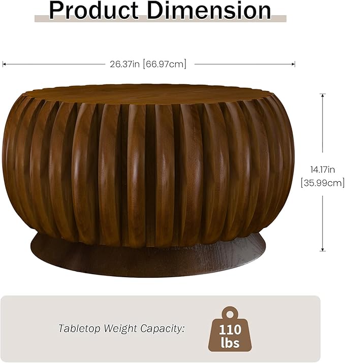 26.37'' Round Drum Coffee Table for Living Room Modern Rustic Farmhouse Wood Circle Coffee Tables with Fluted Pedestal Center Tables Tea Tables for Apartment Office Walnut