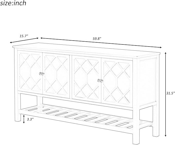 Elegant 60'' Entryway Console Table with 4 Doors and Functional Bottom Shelf, Wood Storage Cabinet Sideboard for Dining Room Living Room Office (Black-HK)