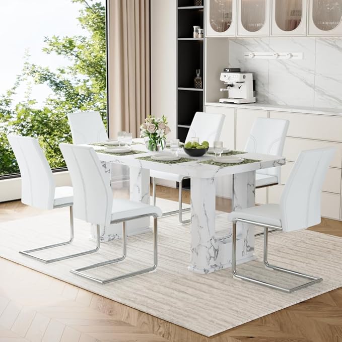 64.5" White Dining Table Set for 6, Modern Kitchen Table and Chairs Set with PU Leather Cushioned Chairs & Decorative Pedestal Base, 7 Piece Marble Pattern Dining Table Set for Dining Room or Kitchen