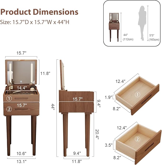 Solid Wood Small Vanity Desk with Mirror and Lights, Narrow Makeup Vanity for Small Space, Flip Top Vanity Side Table, 3 Color Modes & Adjustable Brightness, 15.7" Slim Dressing Table, Walnut