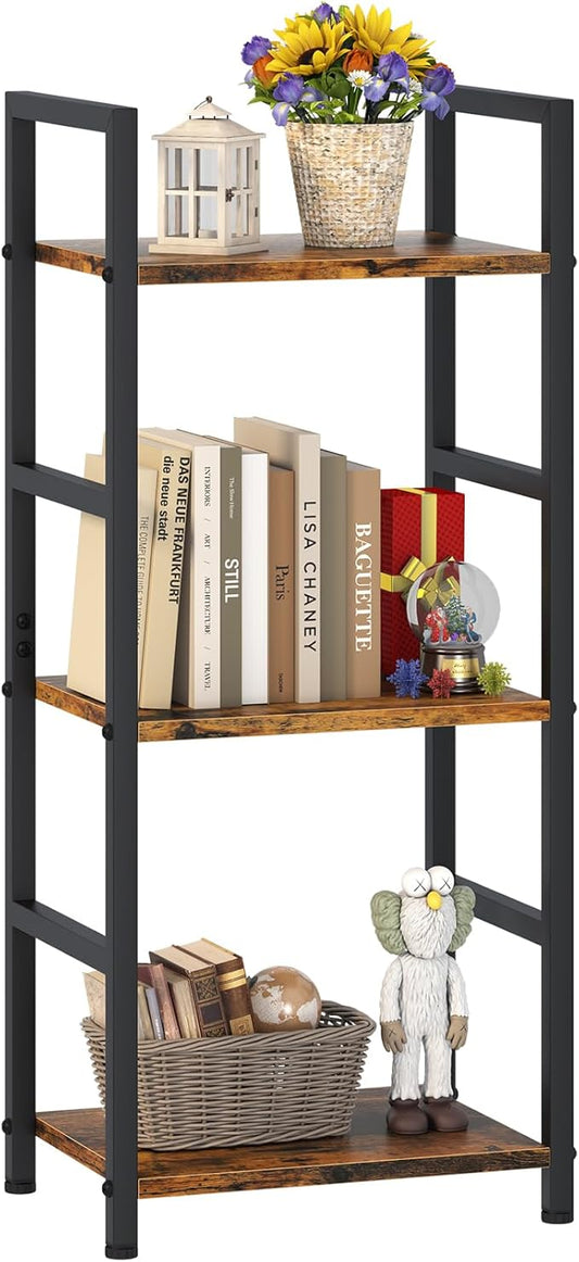 Bookshelf Storage Shelf Bookcase, 3 Tier Industrial Bookcase,Small Book case for Living Room, Bedroom, and Home Office, Easy Assembly Free Combination Multi-Functional Organizer(3 Tier,Rustic Brown)