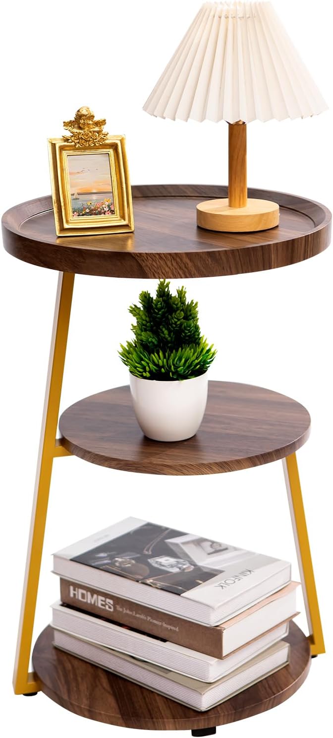 Small Round Side Table, 3-Tier End Table for Living Room, Wooden Nightstand Bedside Tables with Storage Shelf, Circle Accent Table for Bedroom, Office, Apartment (Walnut, Golden Frame)
