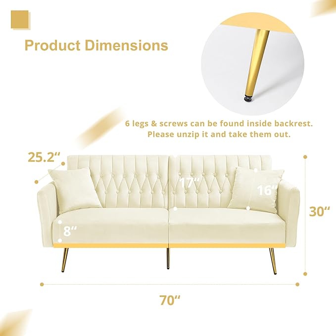 70” Velvet Futon Sofa Bed with 2 Pillows and Adjustable Armrests, Convertible Sleeper Bed W/Adjustable Backrests, Modern Loveseat for Living Room, Bedroom, Beige