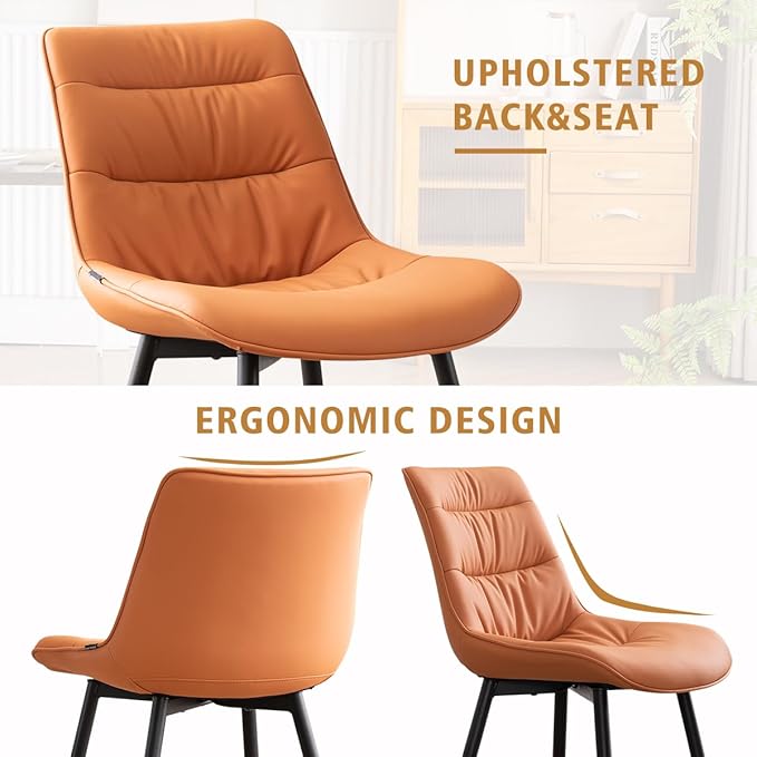 Kidol & Shellder Dining Chairs Set of 2, Modern Upholstered Faux Leather Kitchen Side Chairs with Comfortable Back - Mid-Century Armless Chair for Dining living Room Bedrooms, with Metal Legs (Orange)