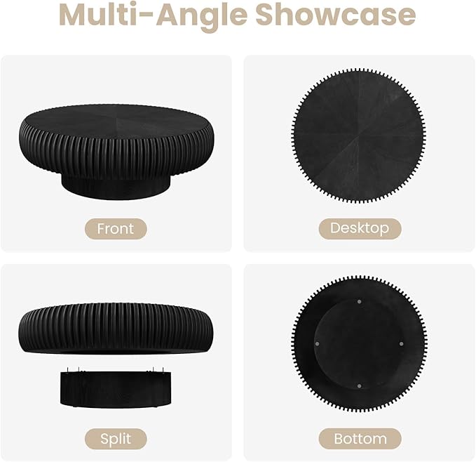 Round Fluted Coffee Table Modern Handcraft Drum Coffee Table with Sturdy Pedestal 39.37" Farmhouse Center Table Tea Table for Living Room, Reception Room, Entertainment Room (Black 39.37")