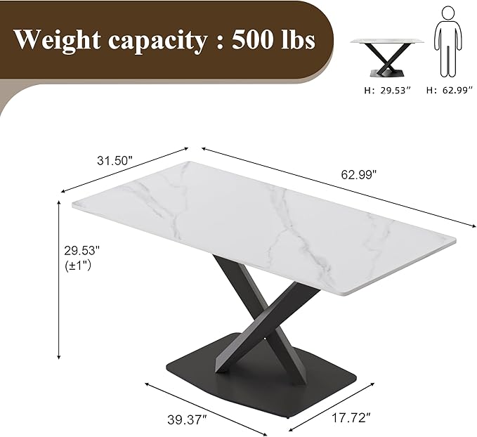 63" Modern Dining Table for 4-6 People, White Sintered Stone Table Top with X-Shape Carbon Steel Pedestal, Large Rectangular Table for Kitchen Living Room