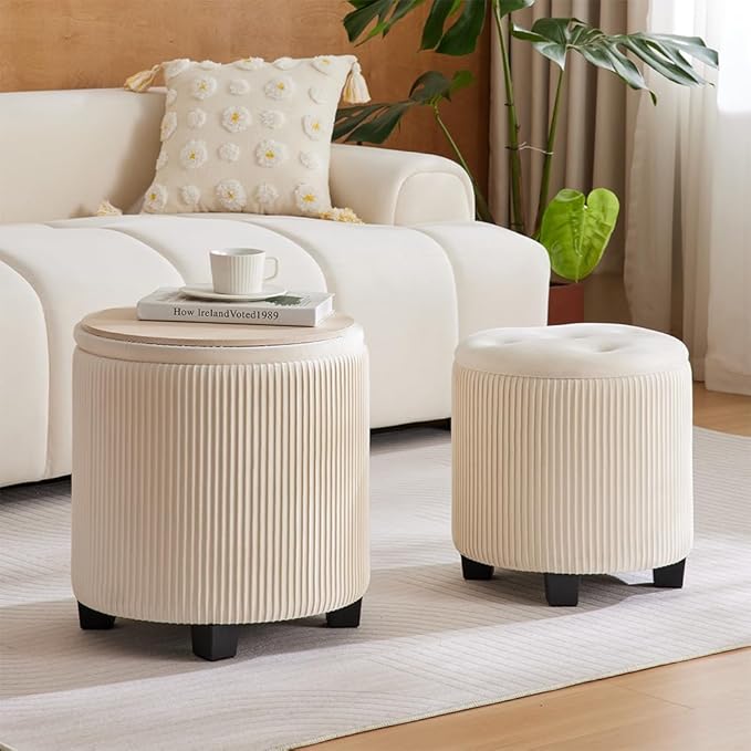 Round Ottoman with Storage Set of 2-Upholstered Sherpa Vanity Stool for Makeup Multifunctional Ottomans Coffee Table Padded Seat Foot Rest (Engineered Wood, Large White)