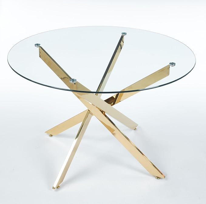 47.24" Round Dining Table for 6 8, Modern Clear Glass Kitchen Table for 6 with Gold X Metal Legs, Contemporary Circle Dining Room Leisure Tables for Kitchen Apartment