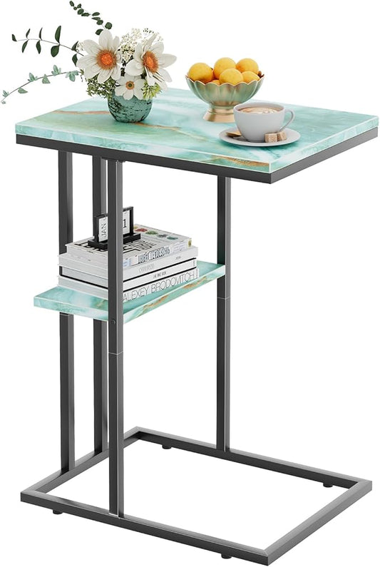 C Shaped End Side Table, Couch Sofa Table for Small Space, Snack Table with Metal Frame, TV Tray Table for Bed, Living Room, Bedroom, Bedside(Sea Blue)