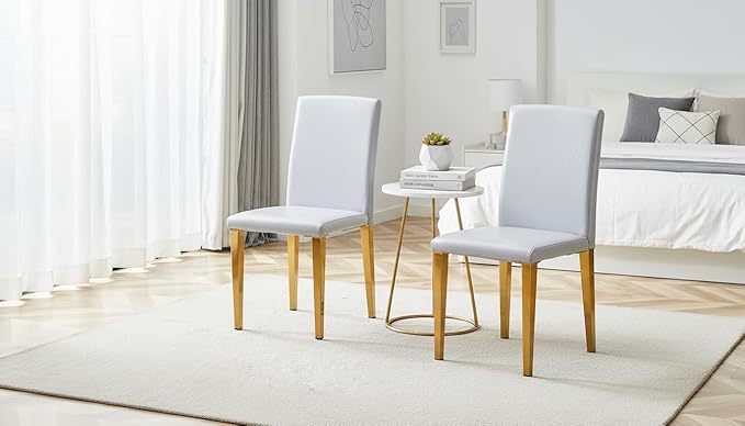 Modern Dining Chairs Set of 2, Light Gray PU Leather with Gold Metal Legs, High Back Kitchen Chairs, 35.4 Inch Height, Contemporary Minimalist Design