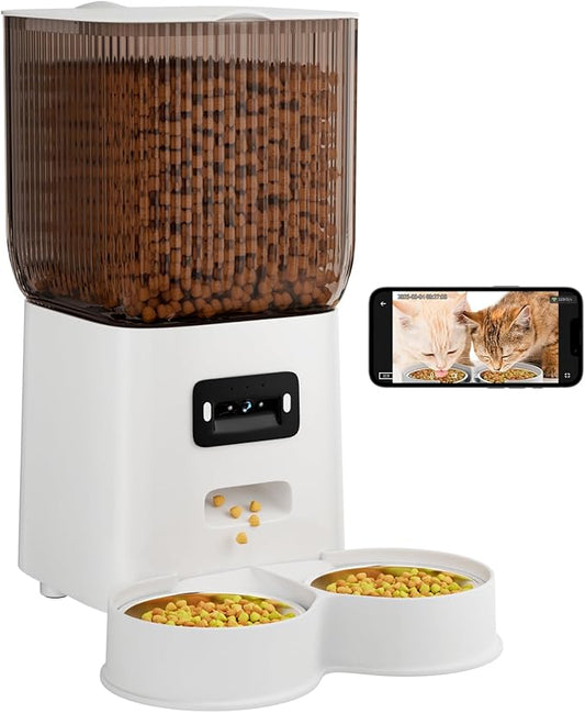 Cat Automatic Feeders with Camera, 5L Auto Dog Feeder with Dual Power Supply Pet Feeder for Easy Clean, Cat Food Dispenser for Multiple Pet Detachable (Camera)