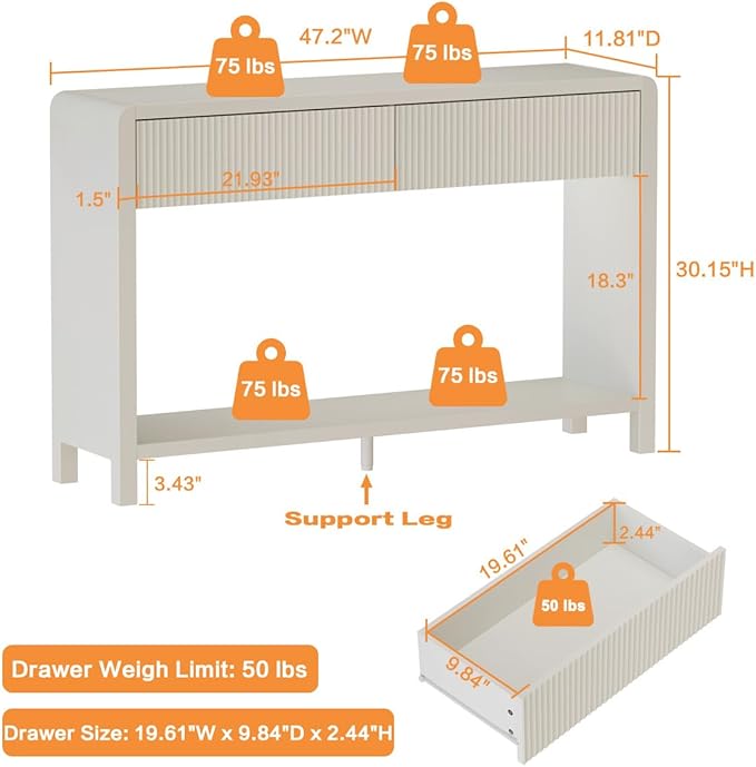 FATORRI Entryway Console Table with 2 Drawers, Modern Sofa Table for Living Room, Couch Tables Behind Sofa and Hallway Tables with Storage (47.2 inch, Antique White)