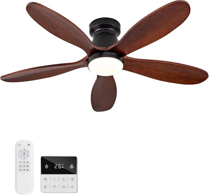 42 Inch Ceiling Fans with Lights and Remote, Low Profile Flush Mount Modern Wood Ceiling Fan with Light, 5 Blades, Wall Switch, Reversible DC Motor, Indoor Outdoor Ceiling Fan
